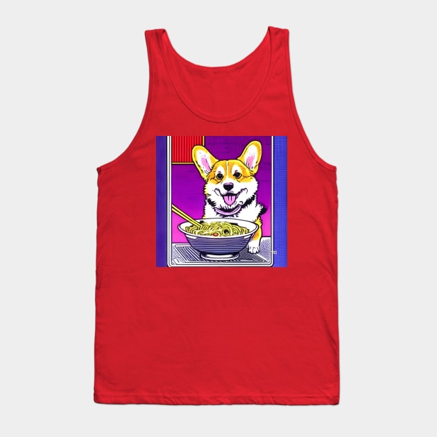 corgi eating ramen noodle soup. Tank Top by Megaluxe 